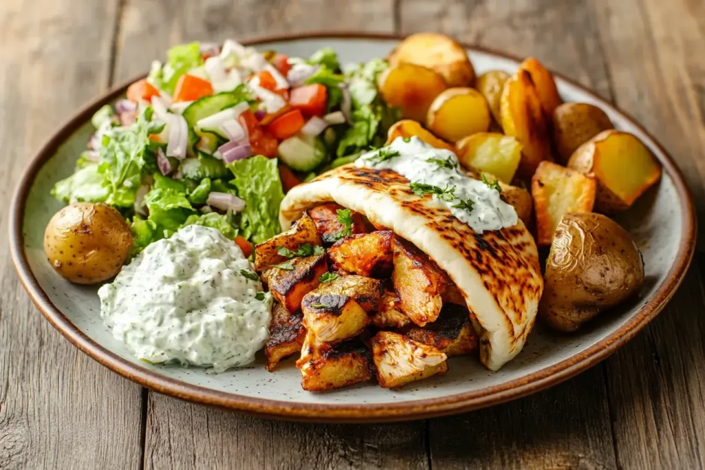 Greek Chicken Gyro Plated with Side Dishes