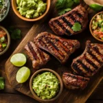 Grilled Chipotle steak with toppings on a wooden board