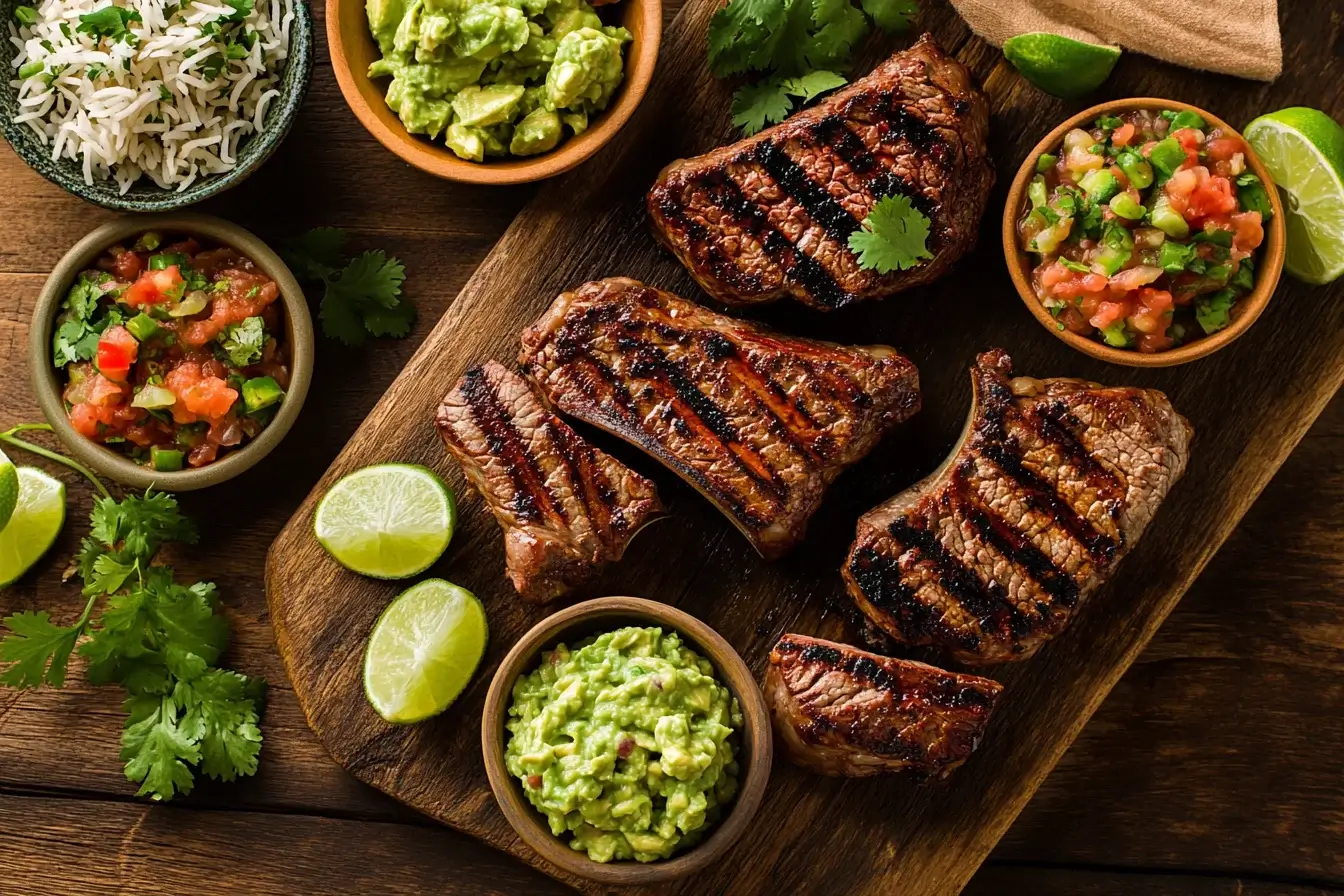 Grilled Chipotle steak with toppings on a wooden board