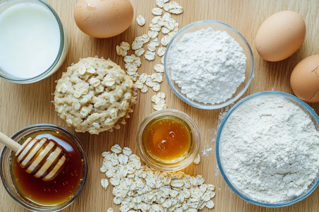 Ingredients for oatmeal yogurt muffins on a wooden counter