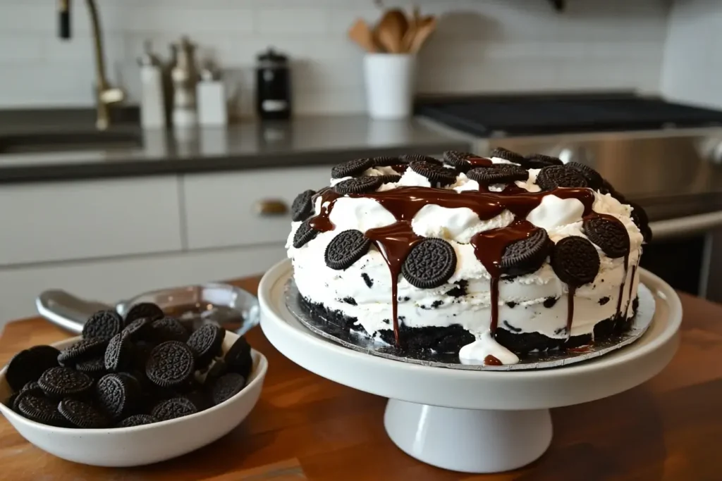 Steps to make an Oreo ice cream cake with Oreo crust and creamy layers