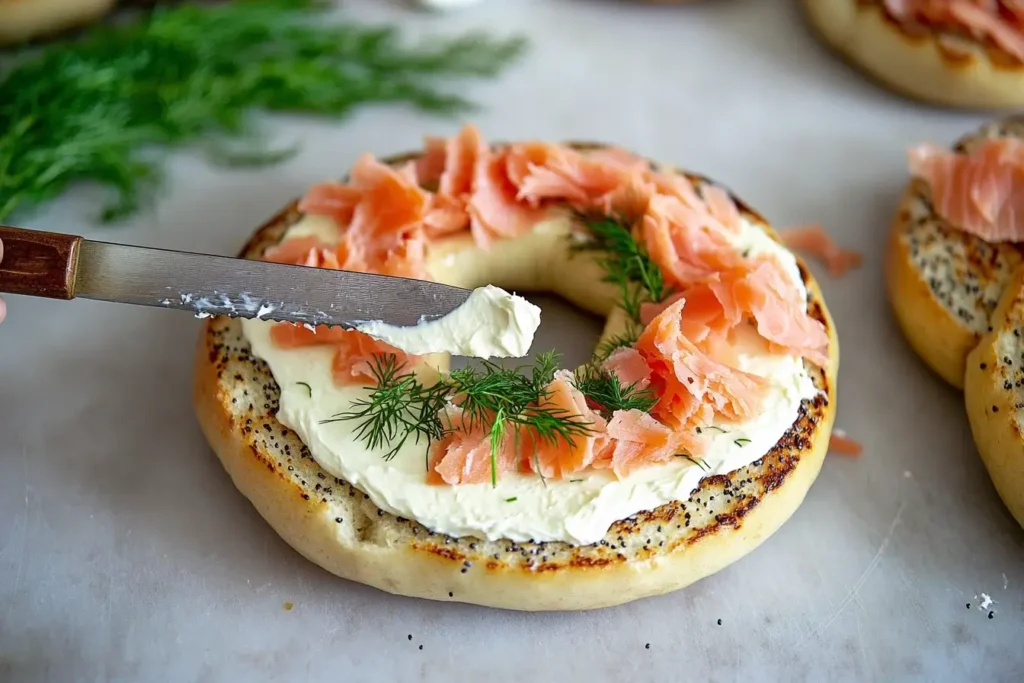 Preparing a cream cheese bagel with smoked salmon and dill