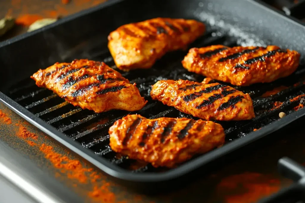 Grilled chicken for chicken tikka masala being prepared on a stovetop grill