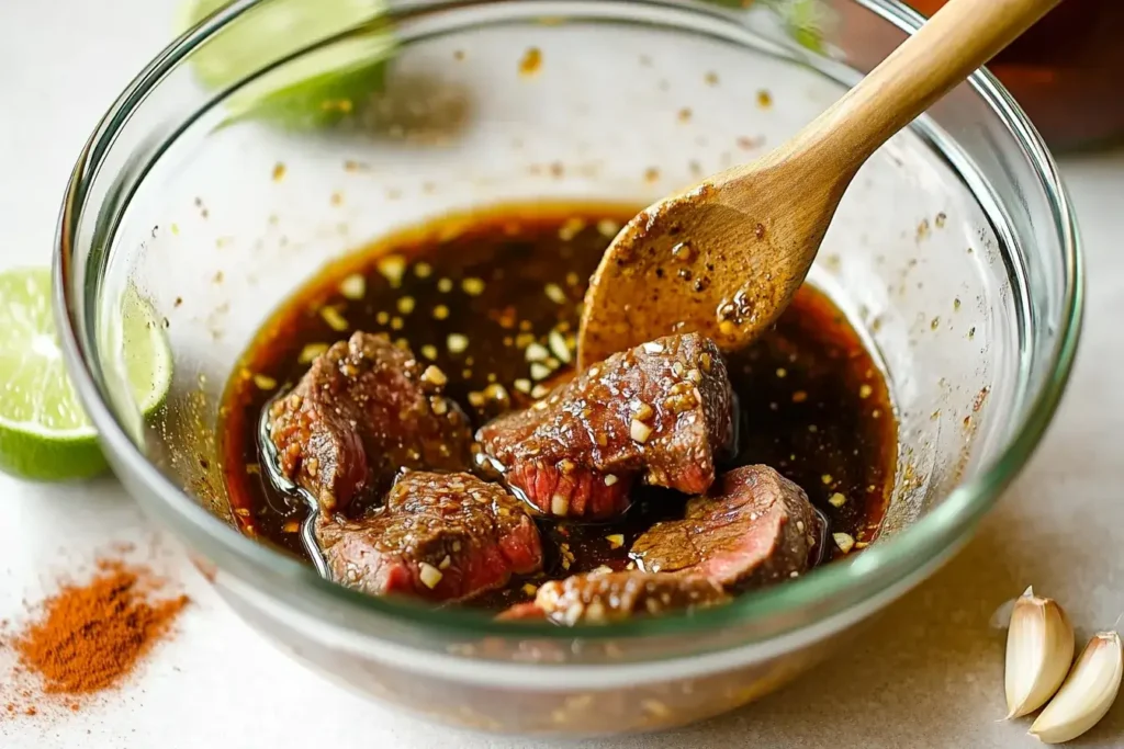 Steak pieces marinating in a smoky Chipotle sauce