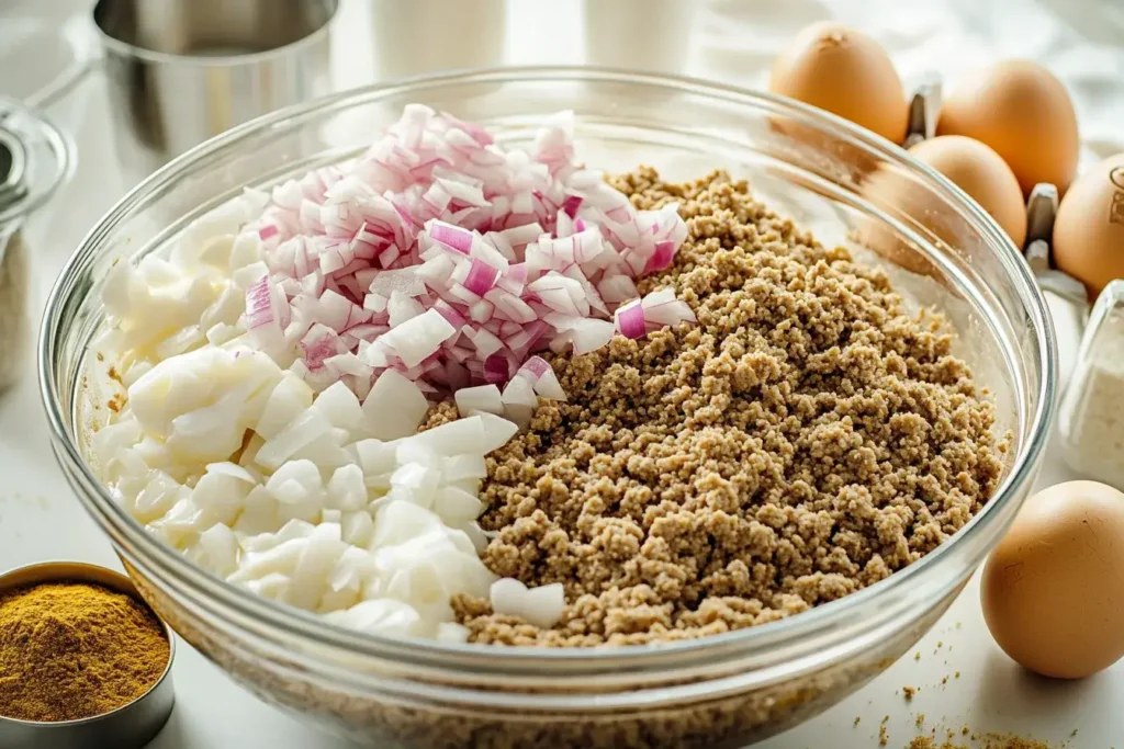 Preparing meatloaf mixture with key ingredients like eggs, breadcrumbs, and milk