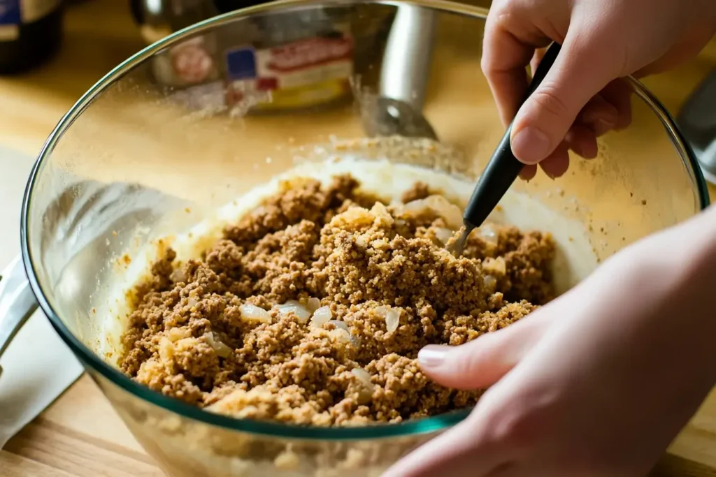 Mixing ingredients for Lipton onion soup meatloaf