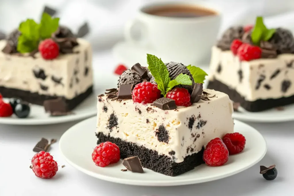 Slices of Oreo ice cream cake served with fresh berries and mint