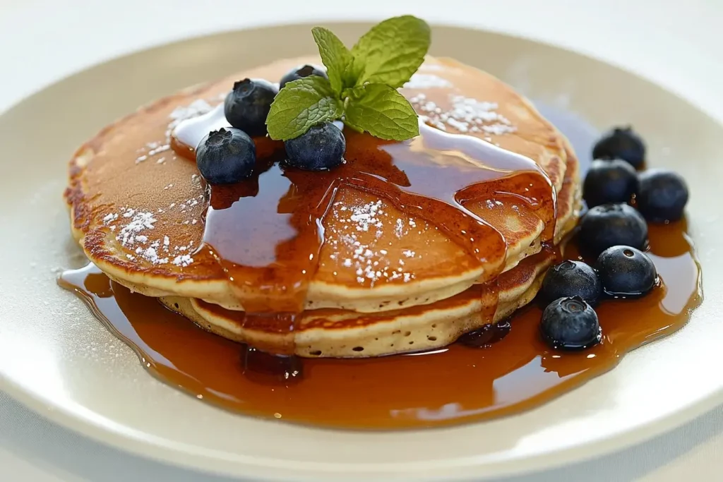 Cracker Barrel pancakes topped with sticky bun syrup and blueberries