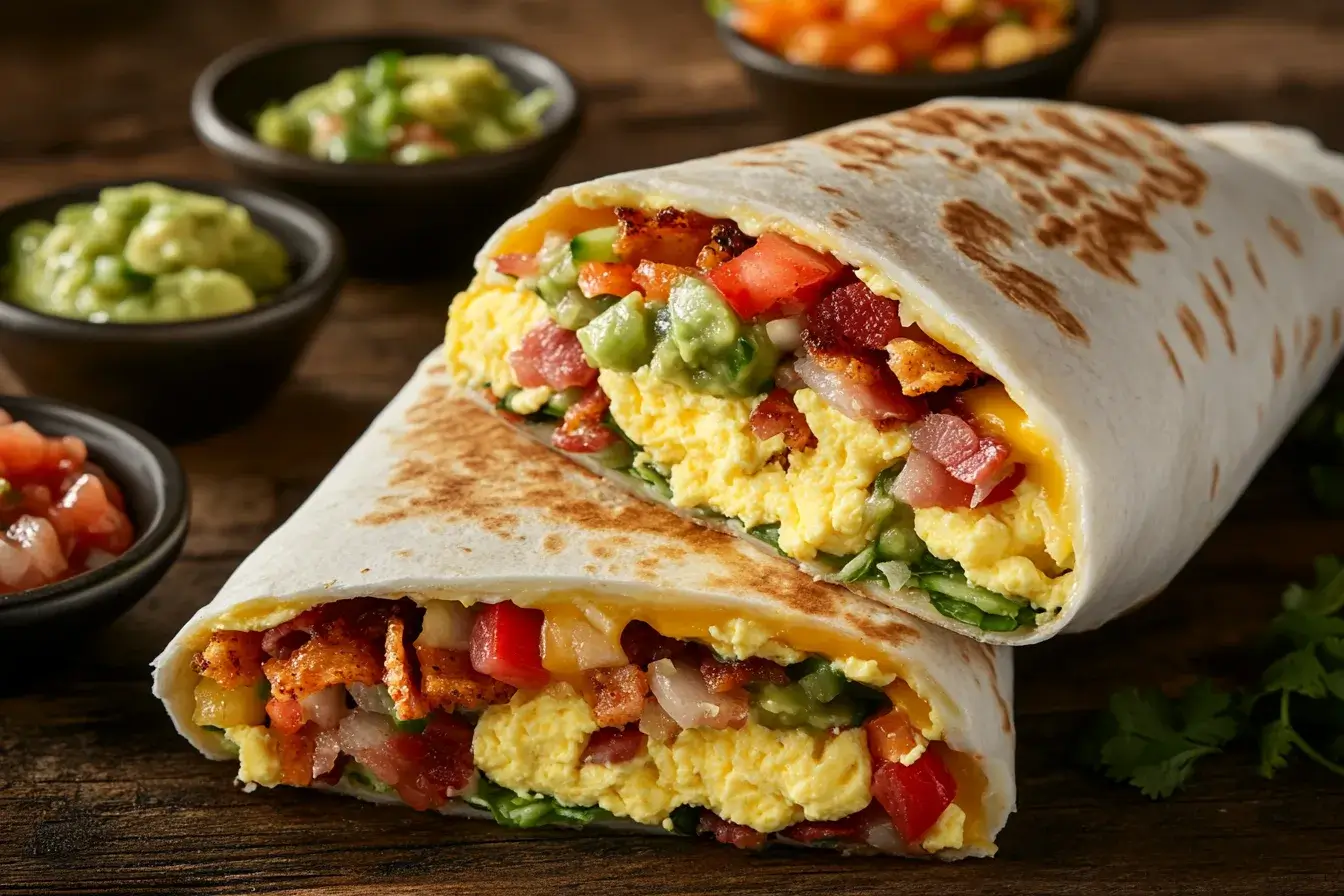 A delicious breakfast burrito served with salsa and guacamole