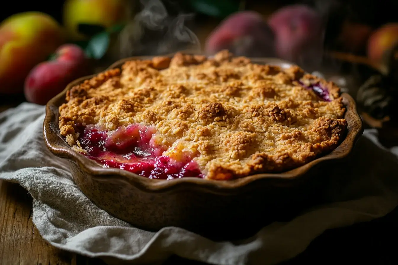 A golden baked crumble dessert with fruit filling