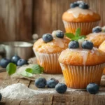 Freshly baked moist muffins with golden tops and a fruity garnish