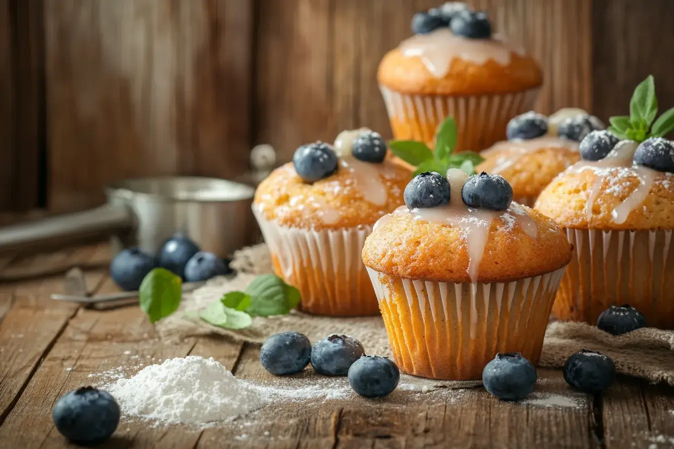 Freshly baked moist muffins with golden tops and a fruity garnish