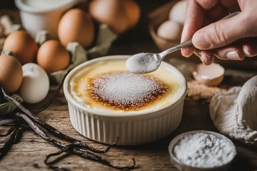 Evenly spreading sugar on crème brûlée before caramelizing
