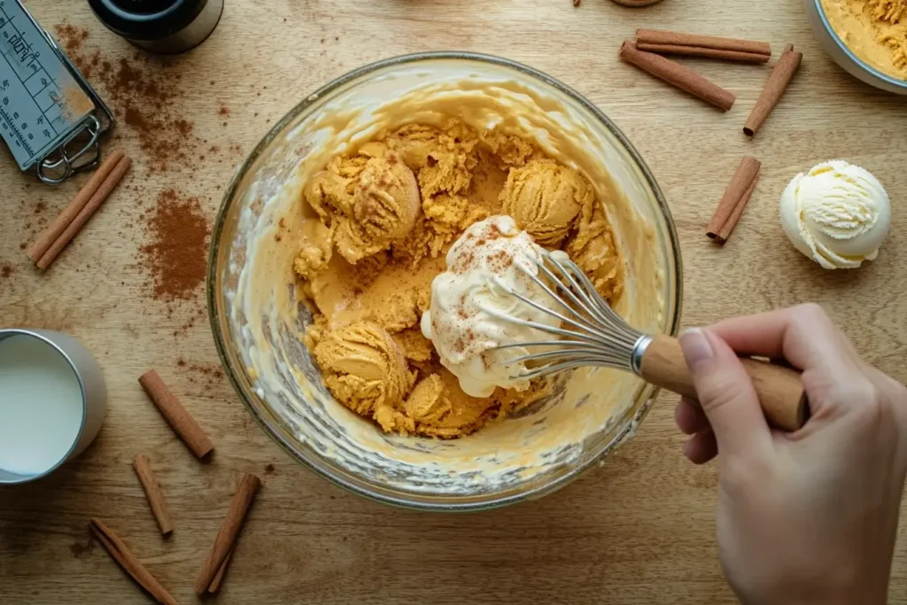 Mixing ingredients for pumpkin ice cream