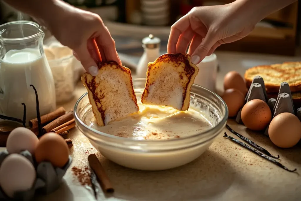 Dipping sourdough bread into egg mixture for French toast preparation