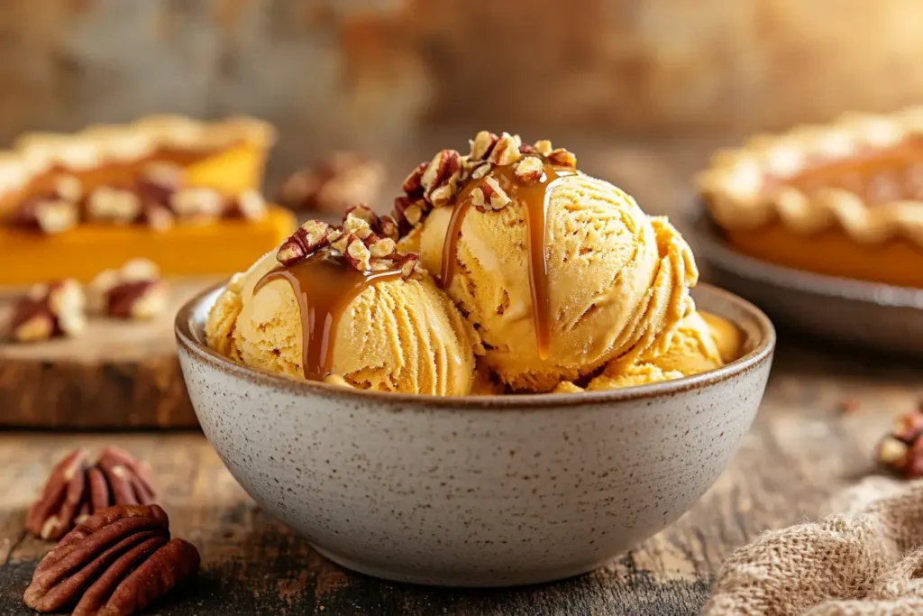 Pumpkin ice cream with caramel and pecans