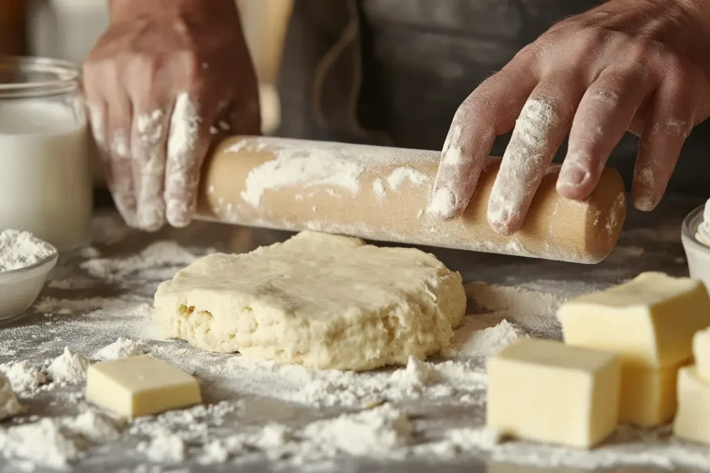 Close-up of rolling out biscuit dough with a rolling pin