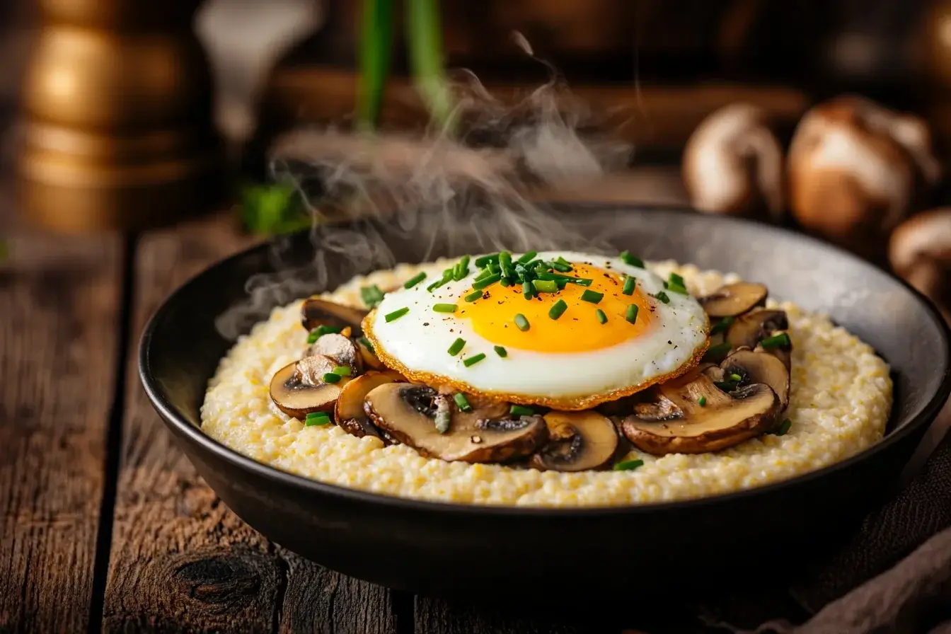 A rustic breakfast table featuring a steaming bowl of creamy grits topped with a fried egg, sautéed mushrooms, and fresh chives