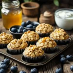 Golden oatmeal yogurt muffins served on a tray with blueberries and honey