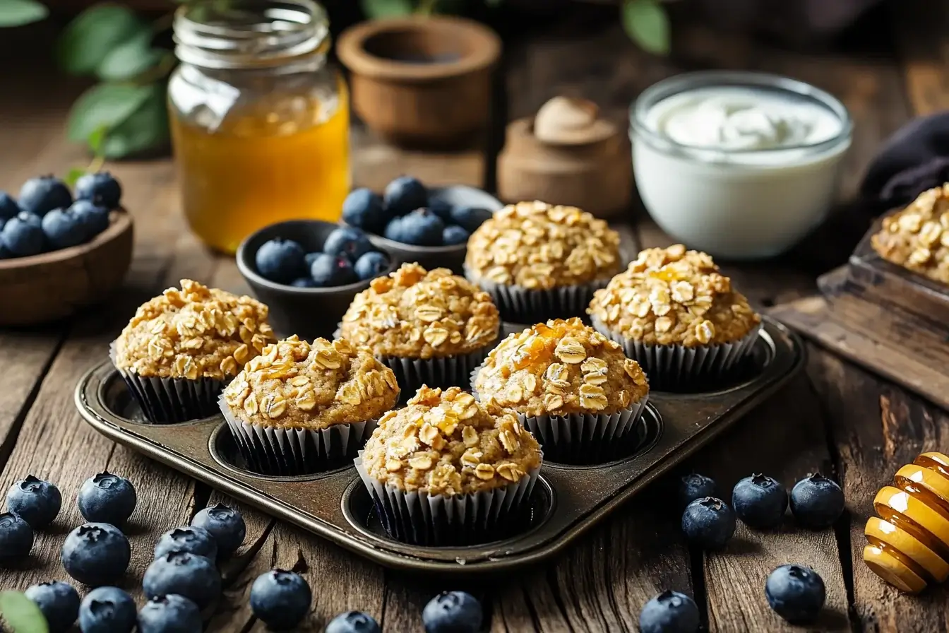 Golden oatmeal yogurt muffins served on a tray with blueberries and honey