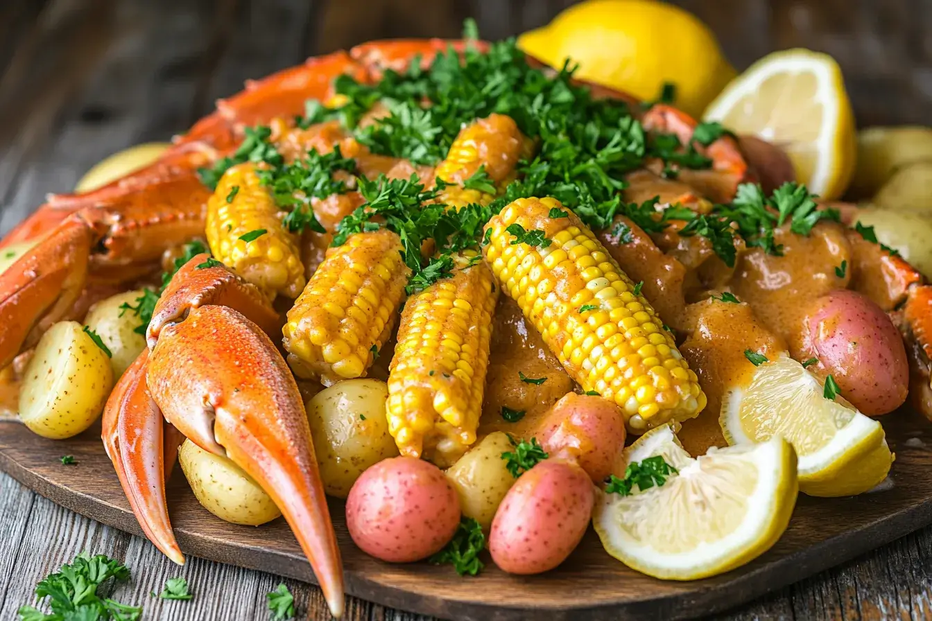 Seafood boil platter with garlic butter sauce