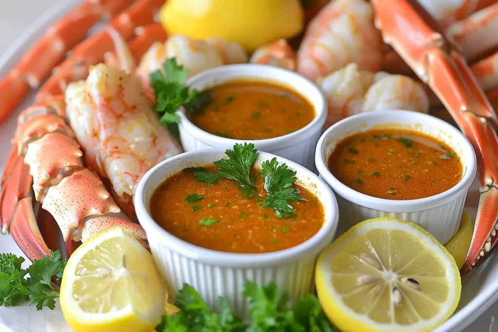 Dipping bowls of seafood boil sauce with seafood platter