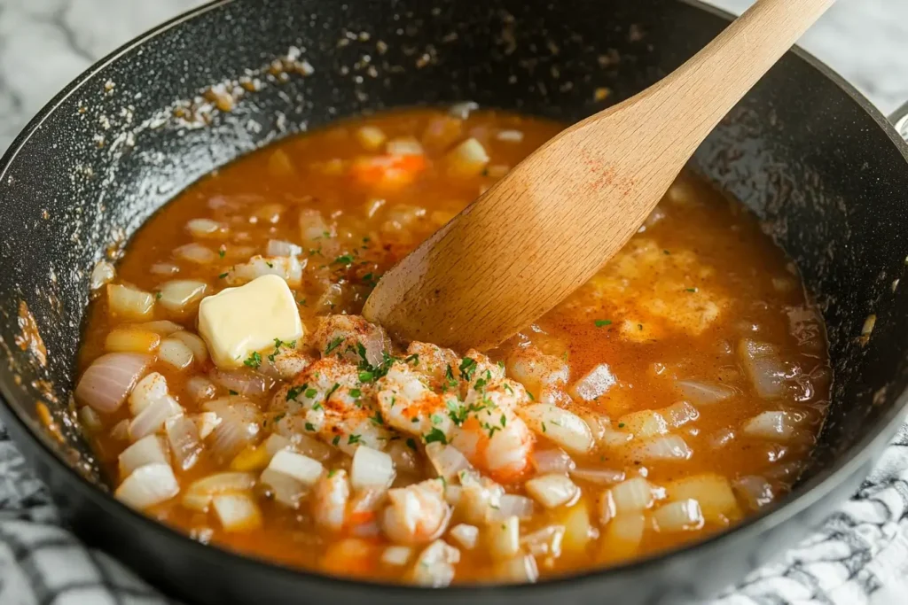 Close-up of seafood boil sauce in a skillet