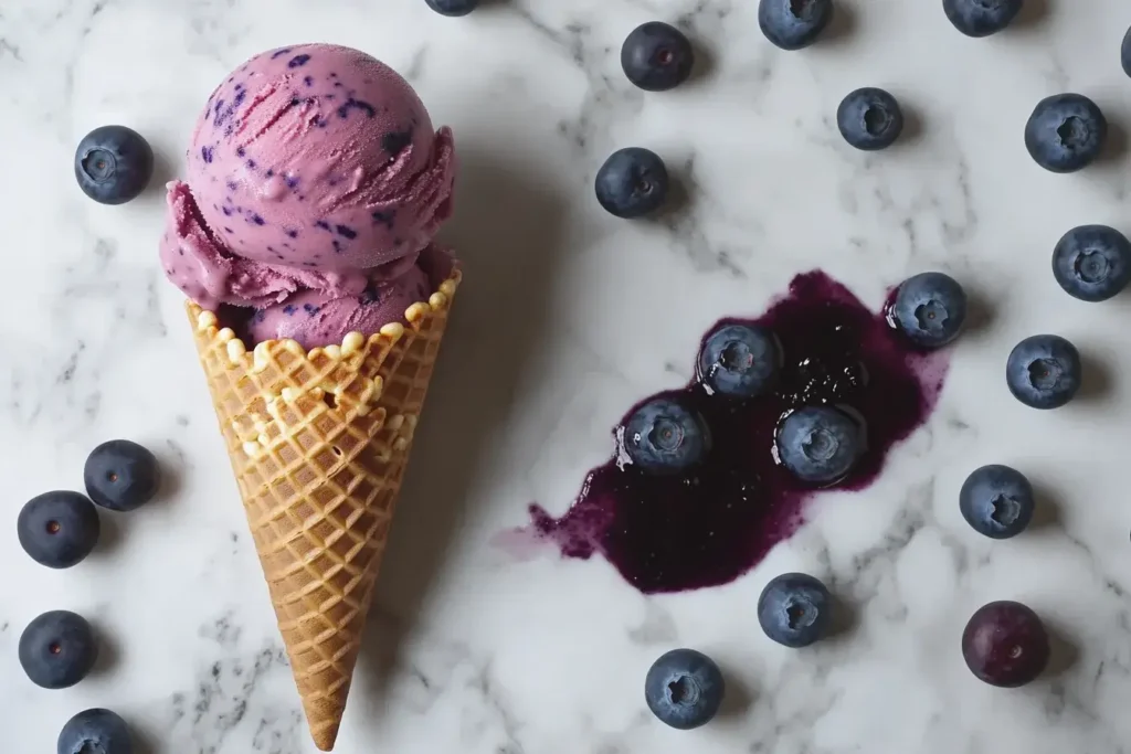 Blueberry ice cream in a waffle cone with scattered blueberries