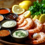 Shrimp platter with a variety of sauces, garnished with lemon and parsley