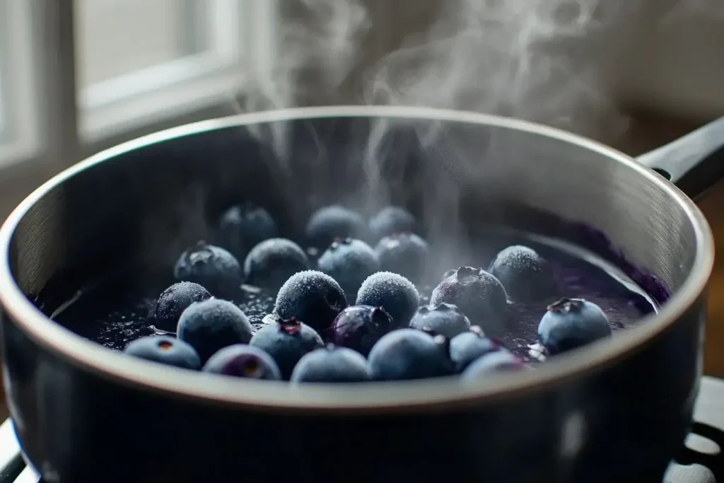 Blueberries simmering in a saucepan for blueberry sauce