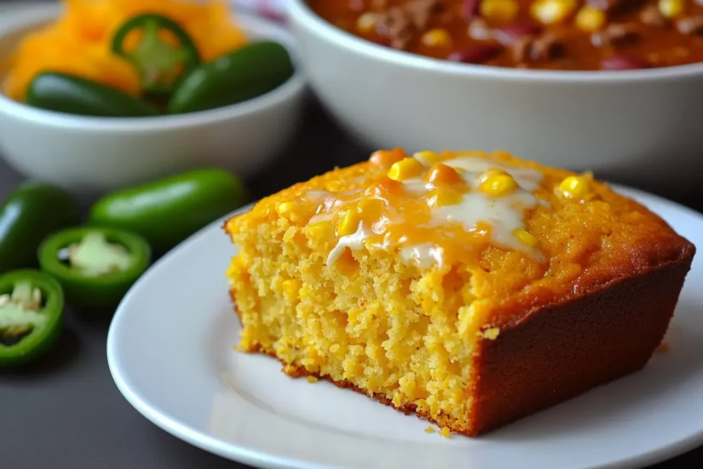 Close-up of a slice of Jiffy Mexican Cornbread