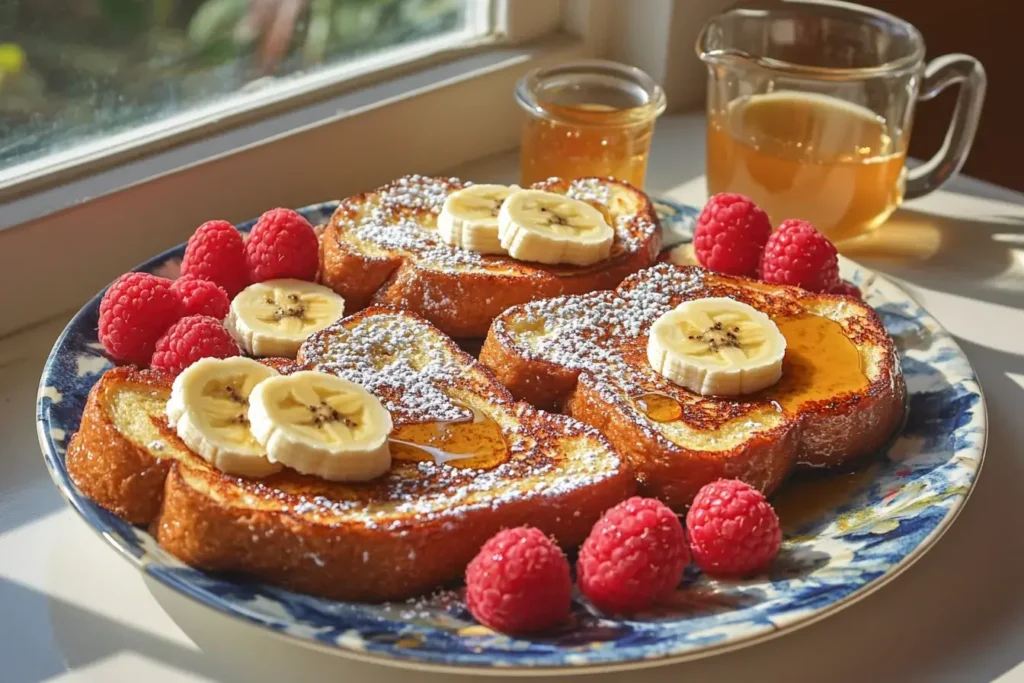 Sourdough French toast with fresh fruits and powdered sugar