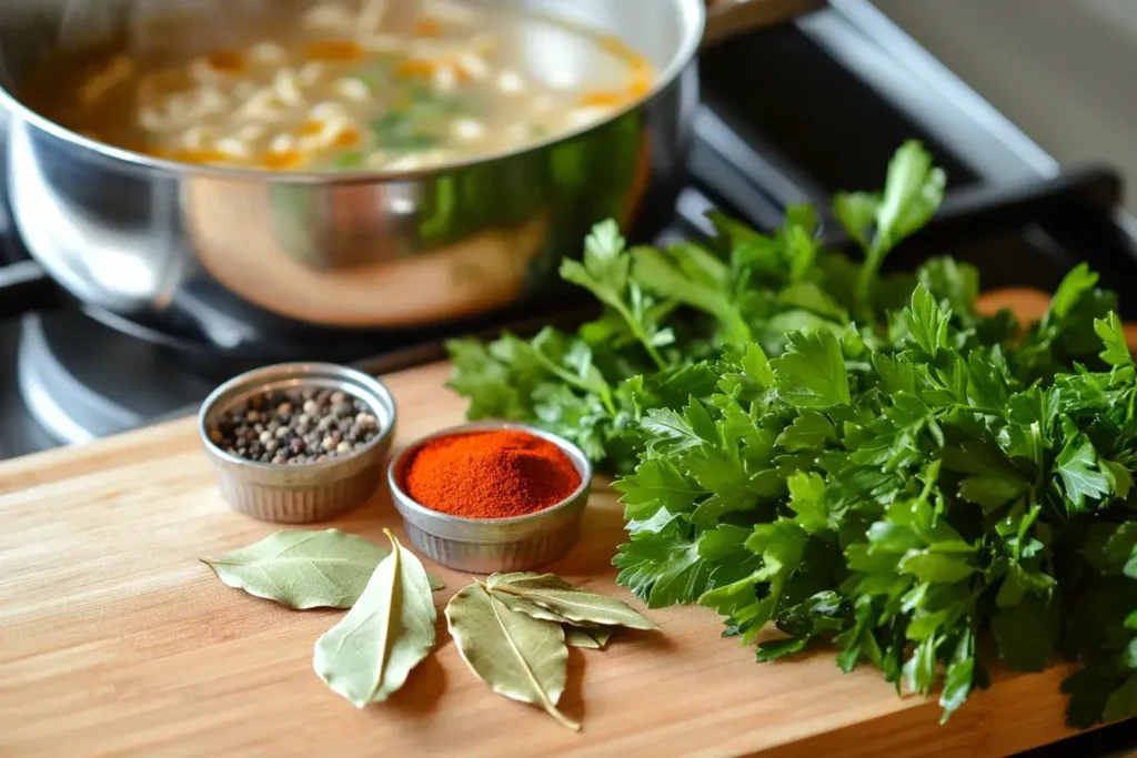 Fresh herbs and spices to enhance chicken noodle soup flavor