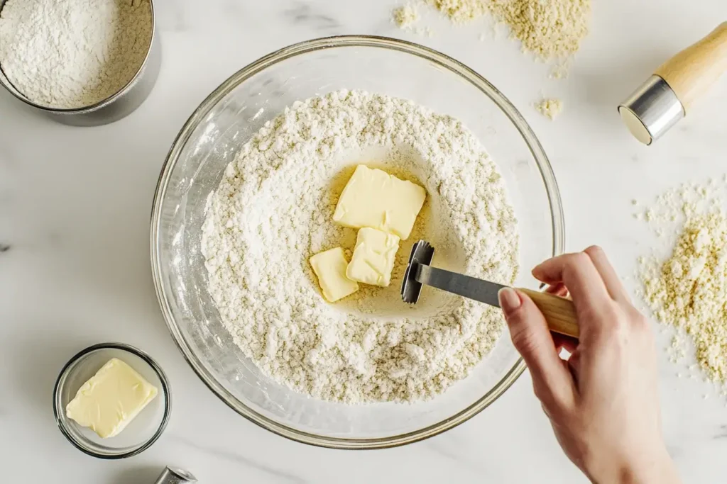 Hands mixing gluten-free flour and butter in a bowl with a pastry cutter