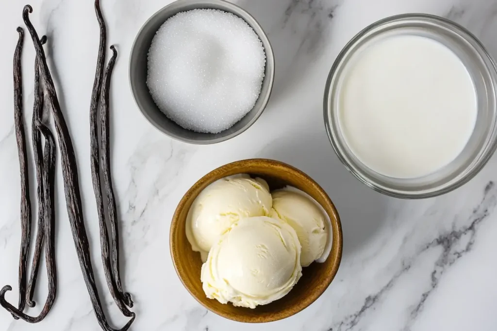 Ingredients for making vanilla bean ice cream