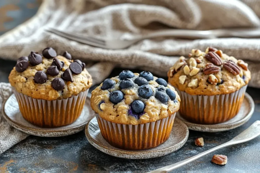 Three variations of oatmeal yogurt muffins: blueberry, chocolate chip, and nut-topped muffins