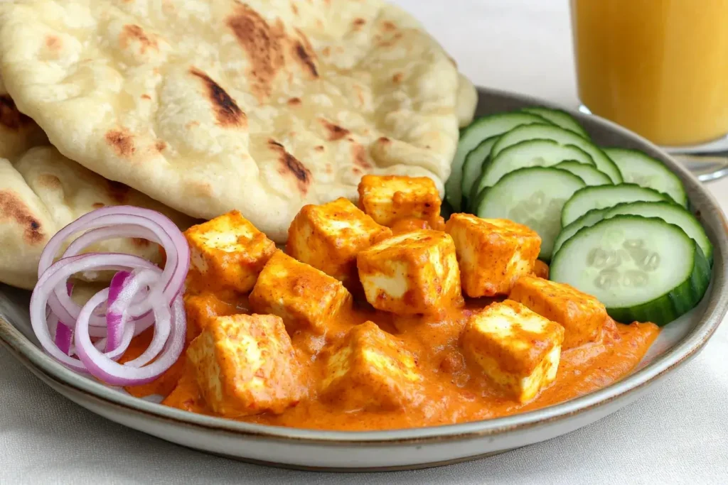 Vegetarian chicken tikka masala made with paneer, served with naan