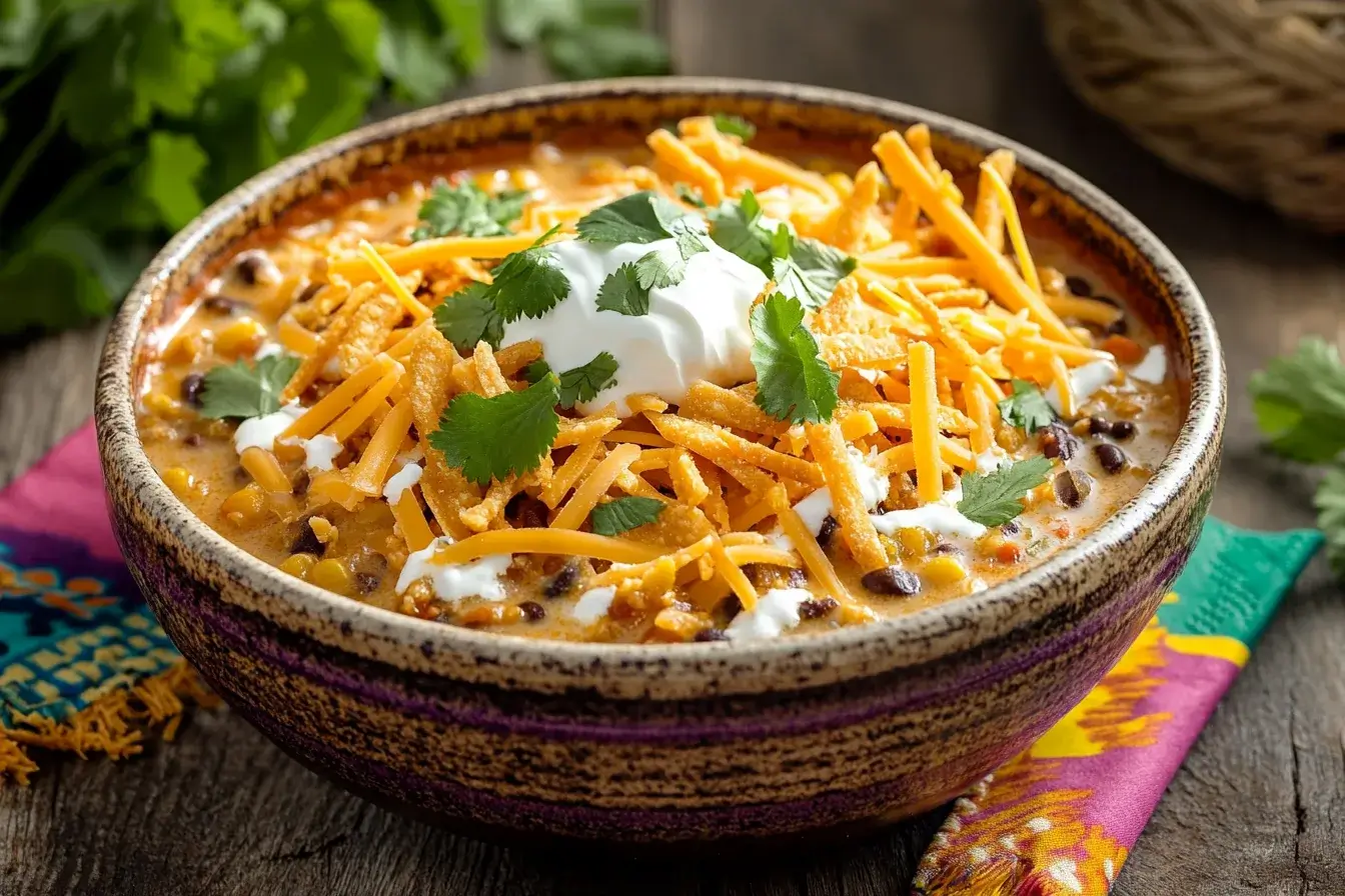 A bowl of taco soup frios garnished with cheese and tortilla strips