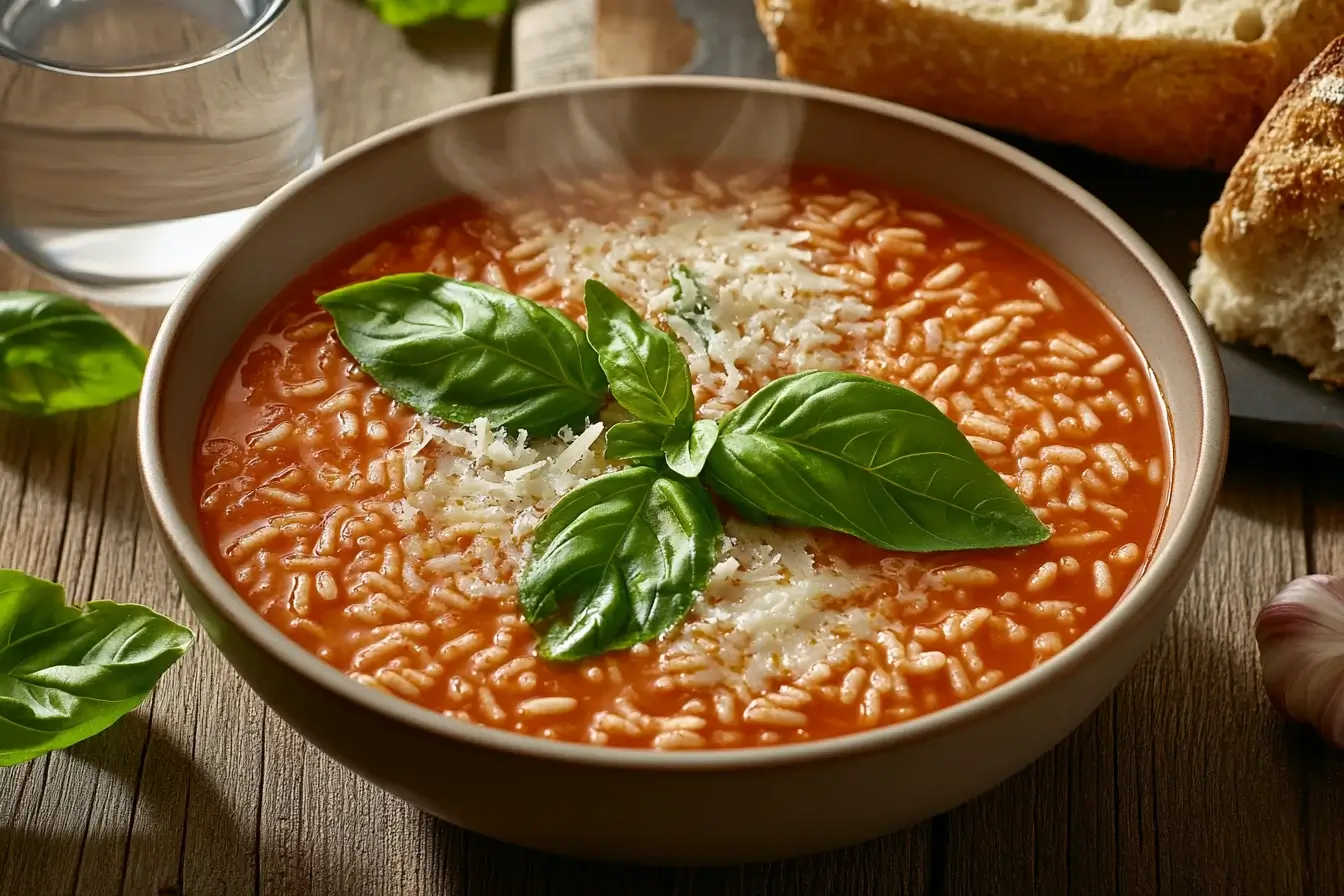 A bowl of tomato rice soup garnished with basil and Parmesan on a rustic table