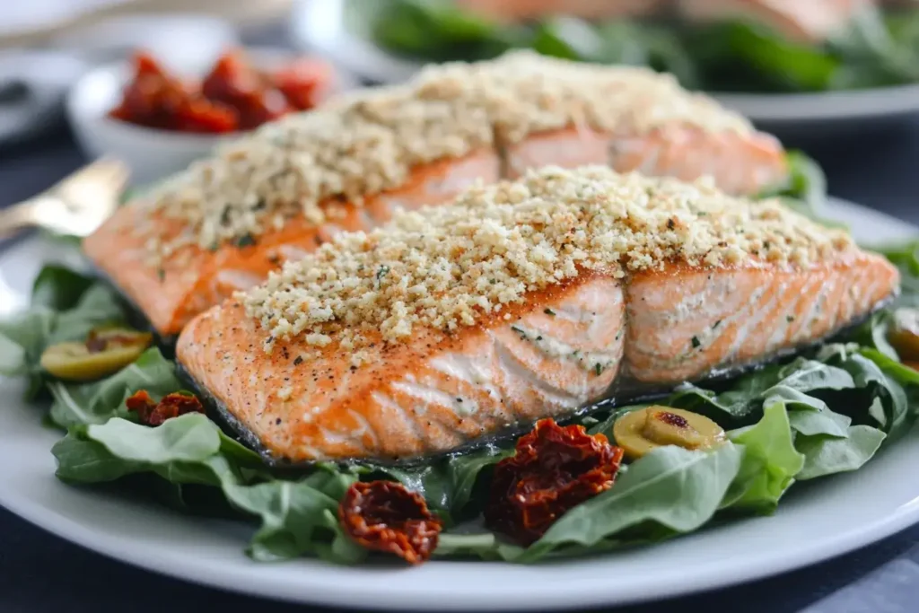 Golden Parmesan-crusted salmon fillets served on a Caesar salad with romaine lettuce, croutons, and creamy dressing