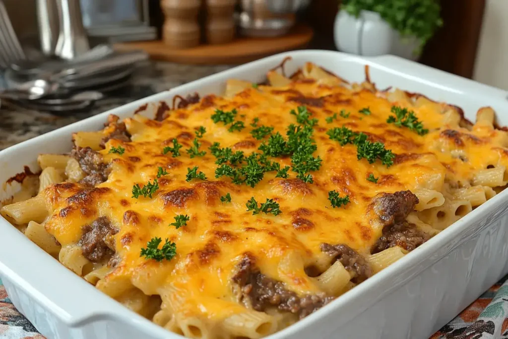 Baked Philly cheesesteak pasta with bubbling cheese