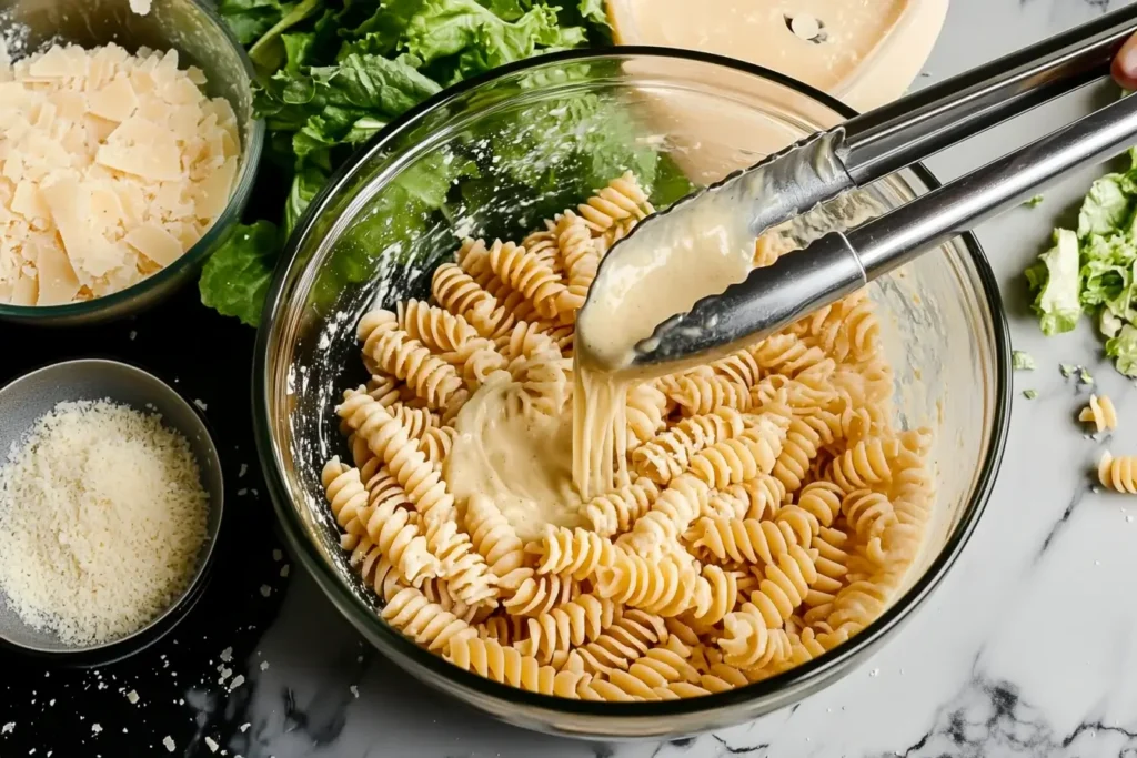 Caesar dressing being poured over rotini pasta in a mixing bowl