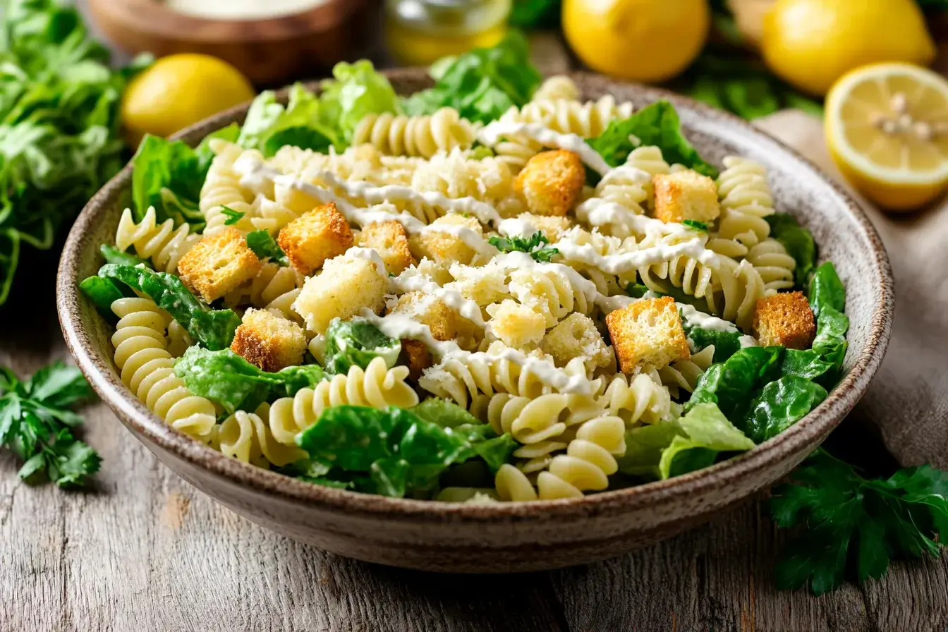 Caesar pasta salad with fresh ingredients on a rustic table