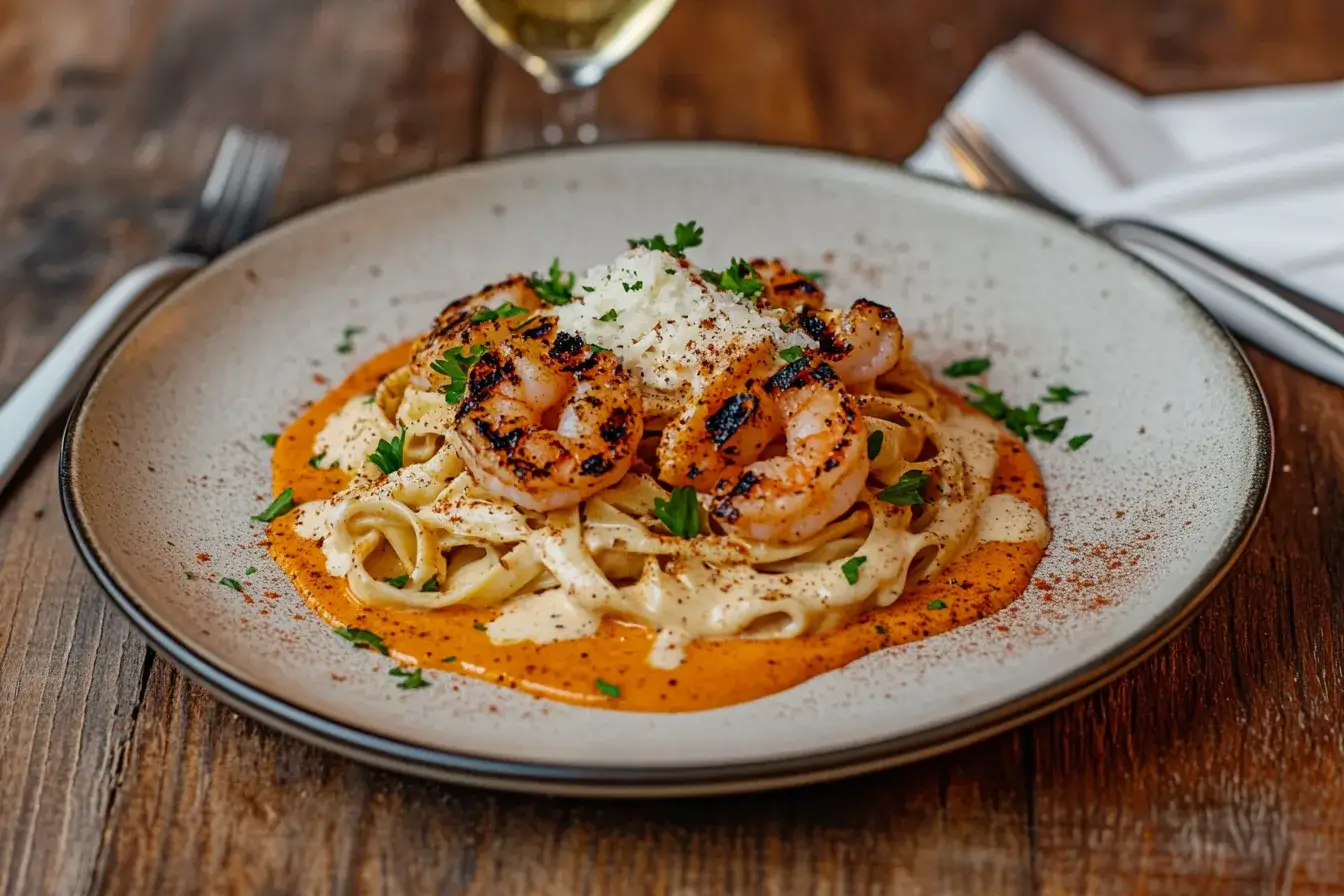 Cajun Alfredo pasta with shrimp garnished with parsley