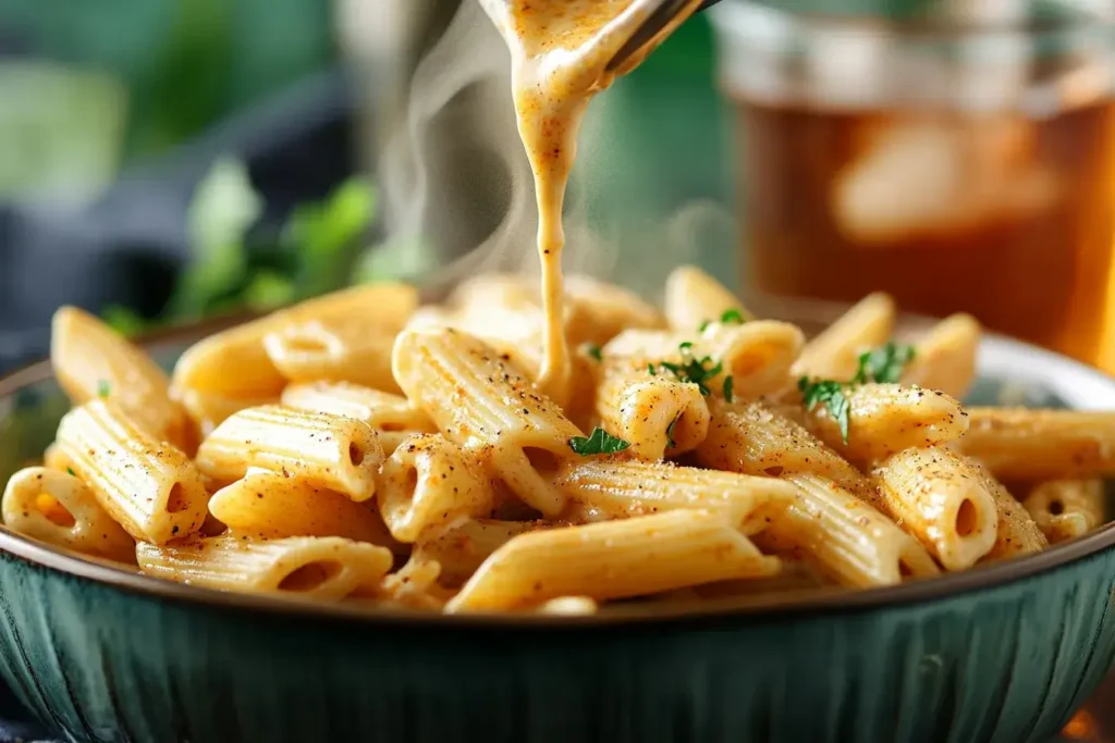 Cajun Alfredo sauce poured over penne pasta