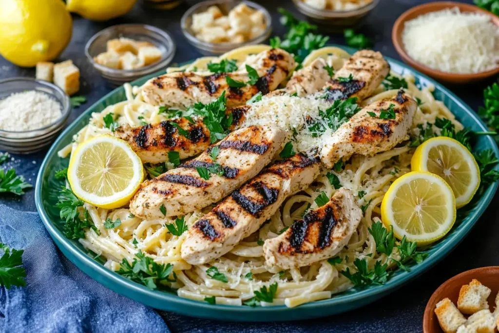 Chicken Caesar pasta salad served on a large platter with garnishes