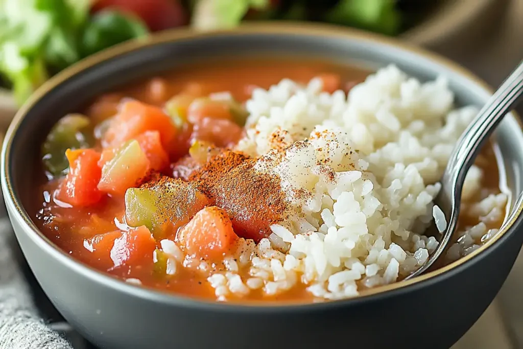 Close-up of tomato rice soup with a spoon and side salad