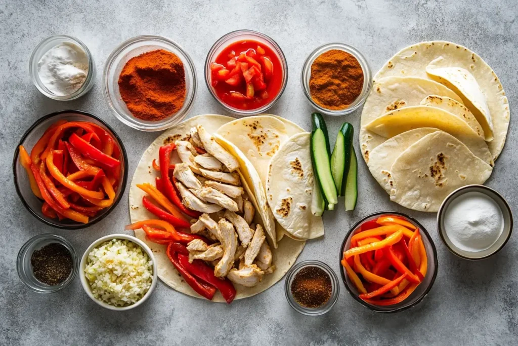 Fajita ingredients including marinated chicken, vegetables, and spices