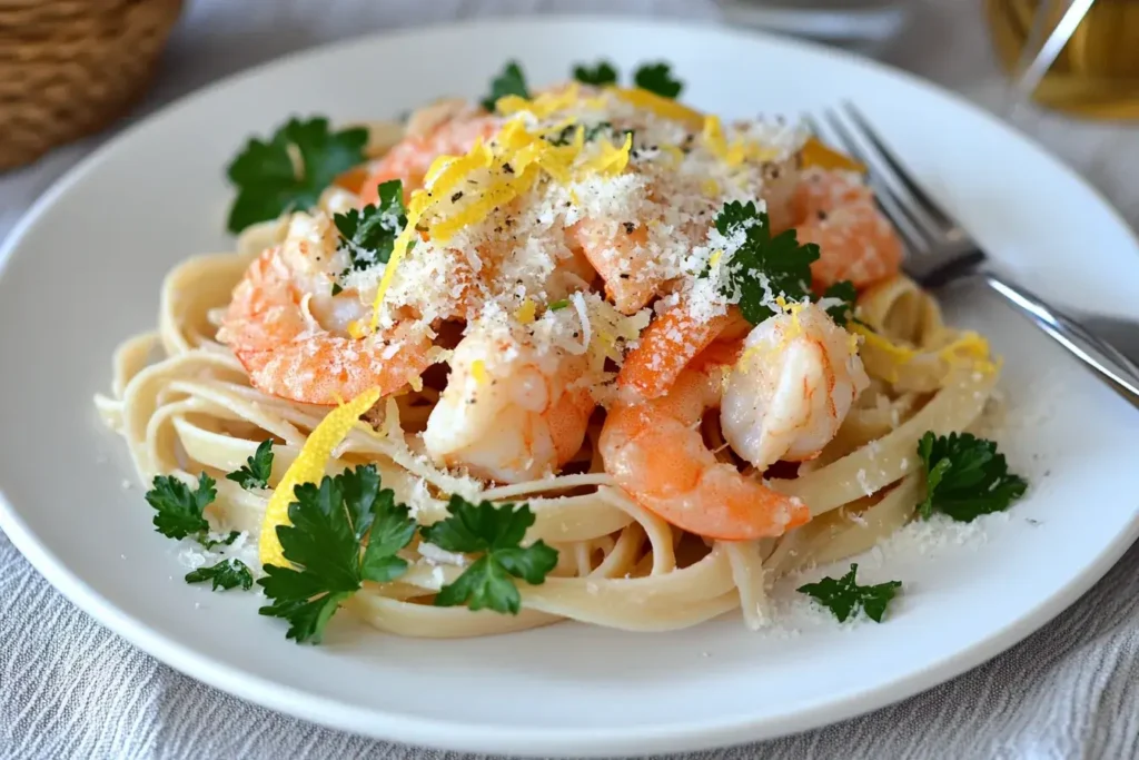 Garlic butter shrimp served over linguine with parsley and Parmesan