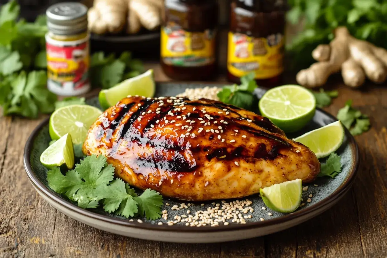 Grilled chicken breast with Asian chicken marinade on a wooden table